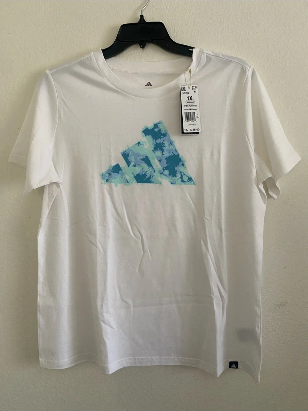 ADIDAS White Tee with Blue Aqua Logo Graphic. Size 1X